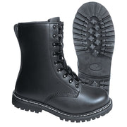 Botas de combate negras de piel bovina con puntera de acero y suela cosida doblemente