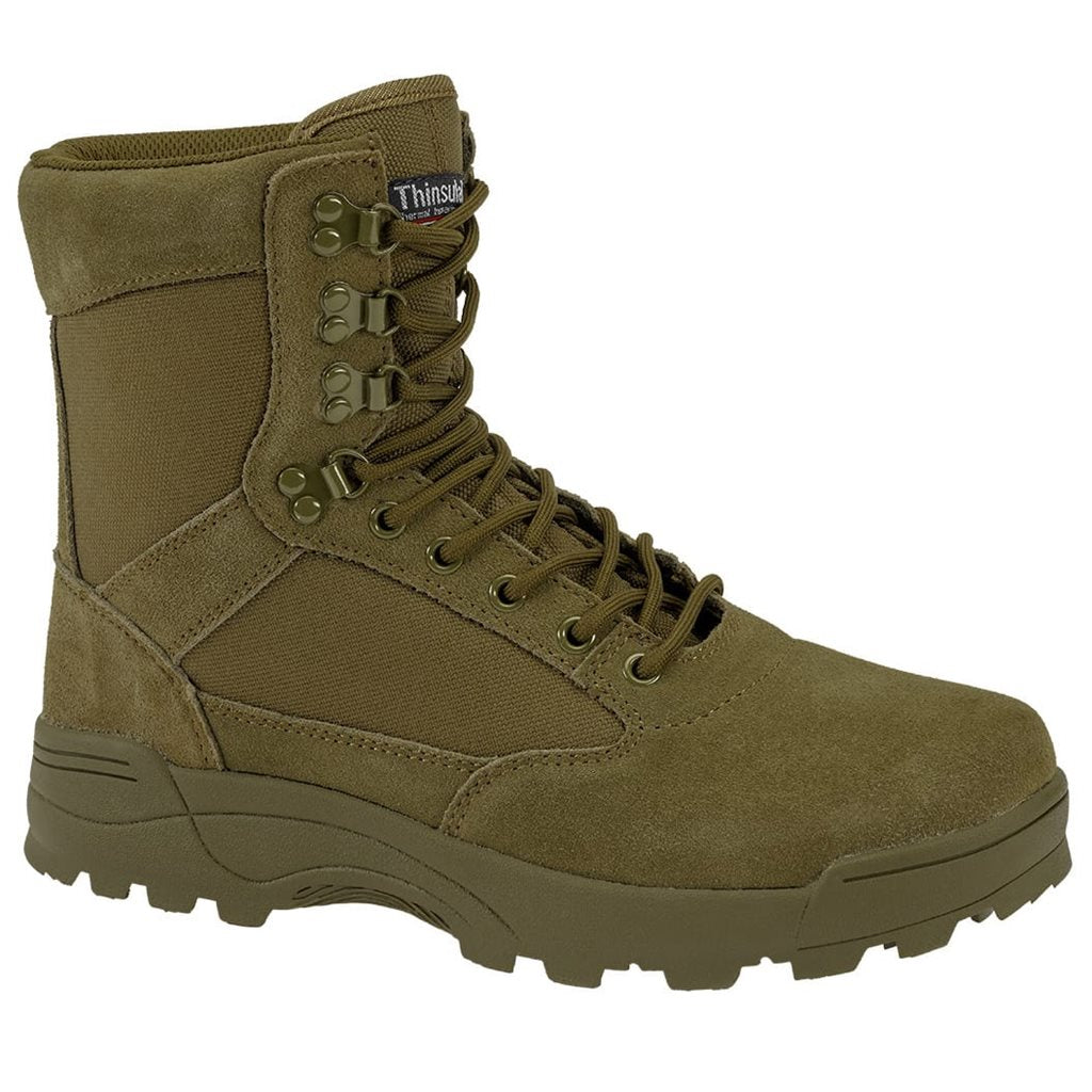 Botas tácticas verdes 9 ojales, empeine de cuero y nylon, aislamiento Thinsulate y suela de goma antideslizante