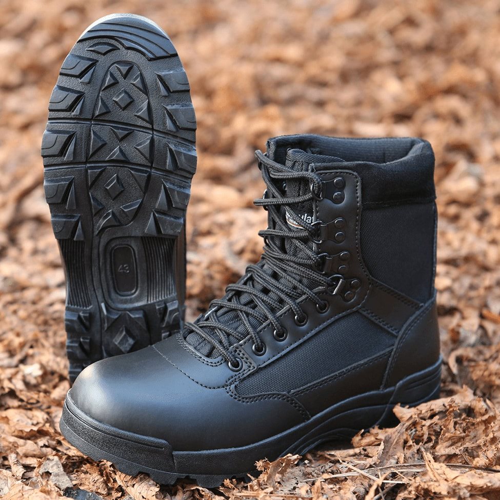 Botas tácticas negras TACTICAL 9 ojales, cuero y nylon, suela antideslizante