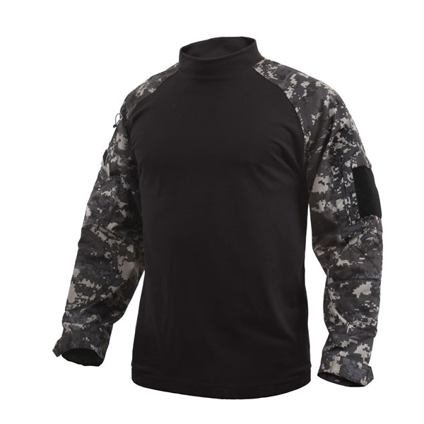 Camisa táctica COMBAT Digital Urban, manga larga, ligera y transpirable; bolsillos en mangas y velcros para nombre y bandera.