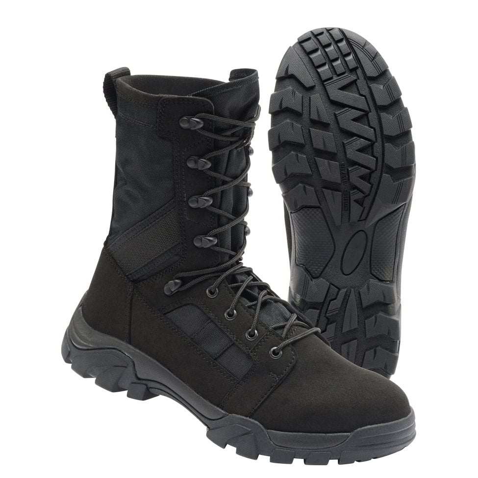 Botas tácticas DEFENSE altas negras con suela de goma antideslizante y parte superior en 600D nylon y microfibra