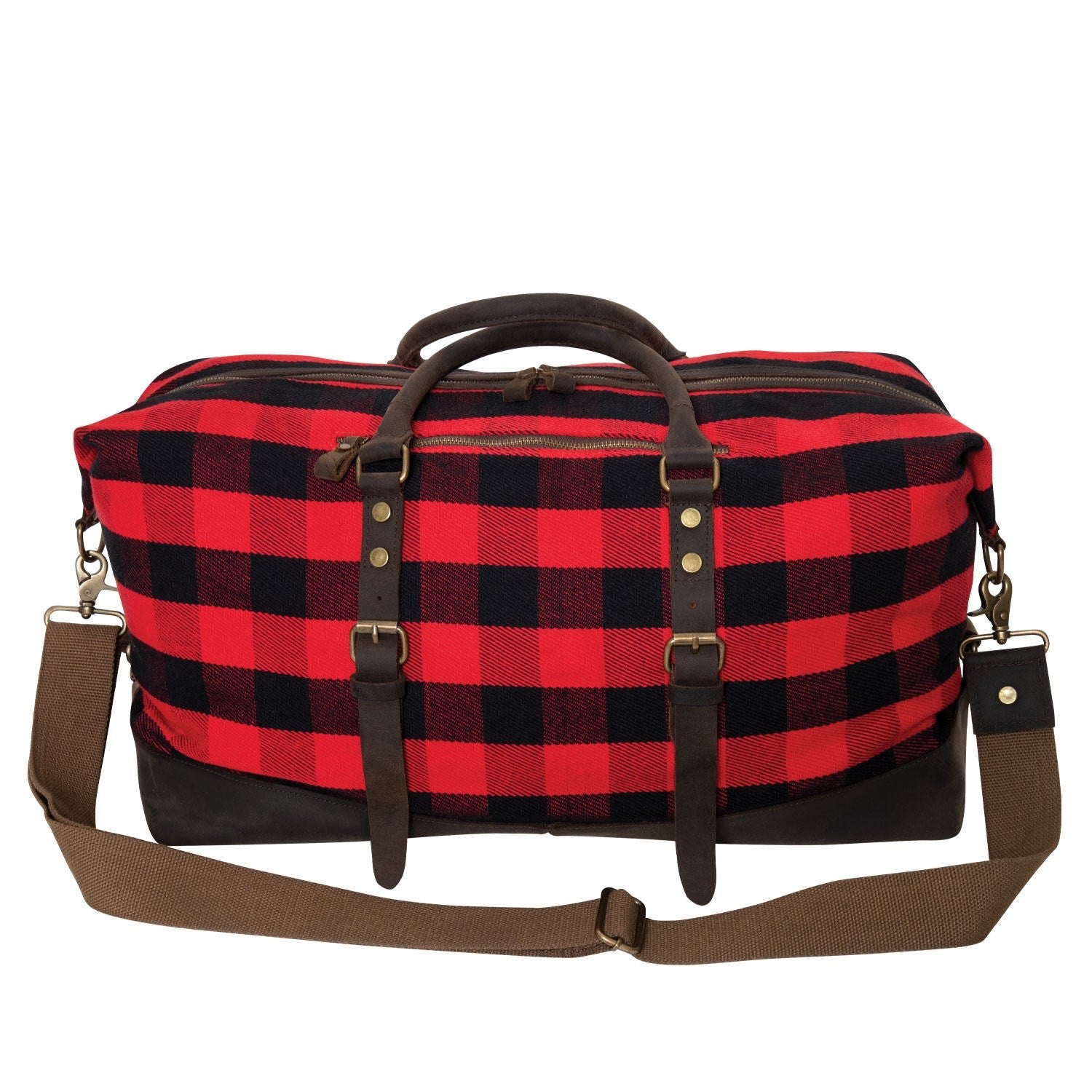 Bolsa de viaje Extended Weekender Red Plaid con cuadros rojos, asas de cuero y herrajes de latón