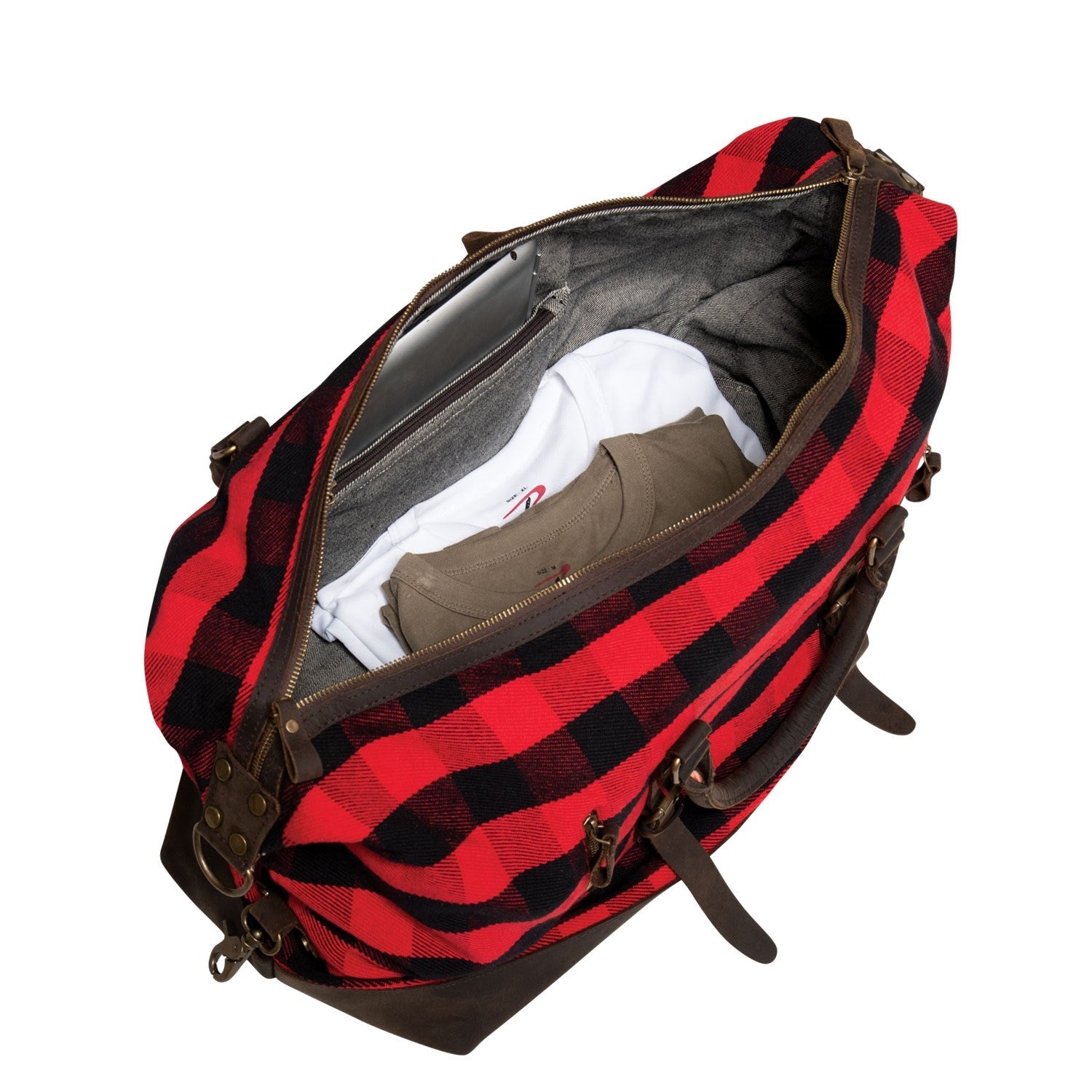 Bolsa de viaje Extended Weekender Red Plaid con cuadros rojos, asas de cuero y herrajes de latón