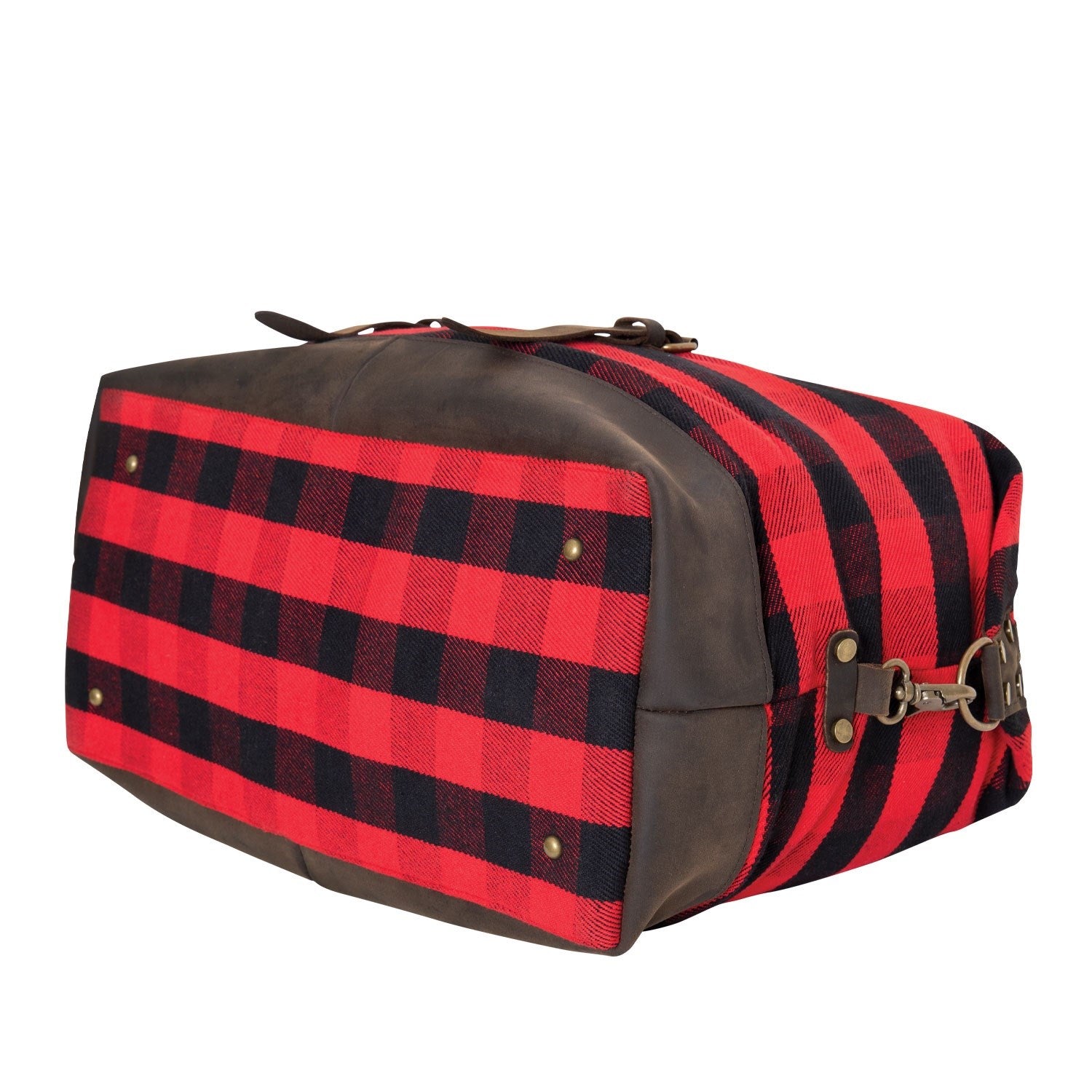 Bolsa de viaje Extended Weekender Red Plaid con cuadros rojos, asas de cuero y herrajes de latón