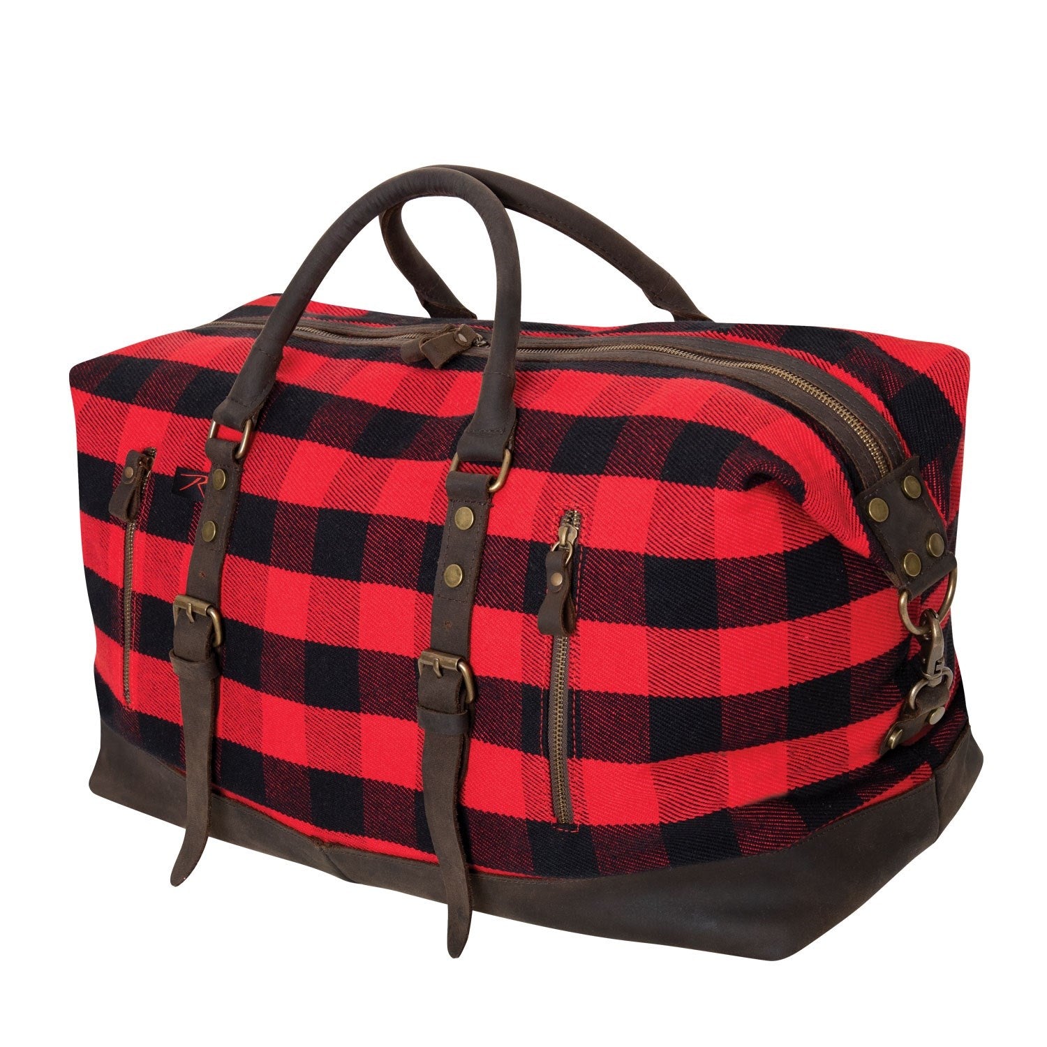 Bolsa de viaje Extended Weekender Red Plaid con cuadros rojos, asas de cuero y herrajes de latón