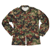 Blusa de campo suiza M83 usada - camuflaje SCHWEIZ, bolsillos, hombreras y codos reforzados
