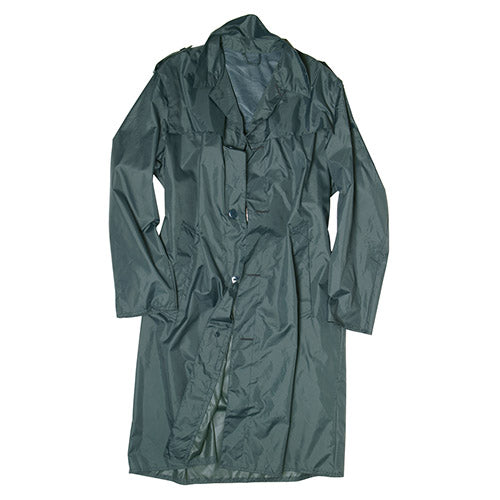 Impermeable suizo para lluvia gris-verde usado, material 100% poliamida con revestimiento PU