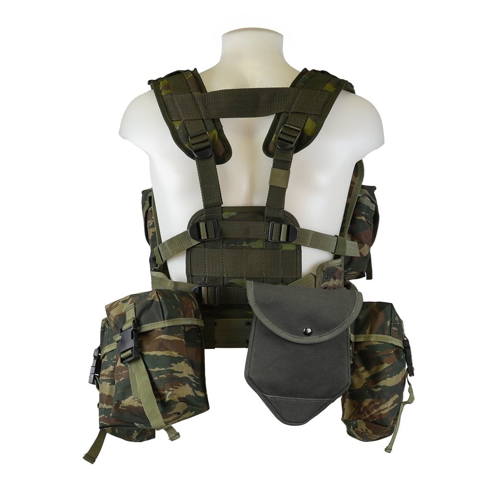 Chaleco chest rig griego LIZARD CAMO con funda para pala verde, ligeramente usado