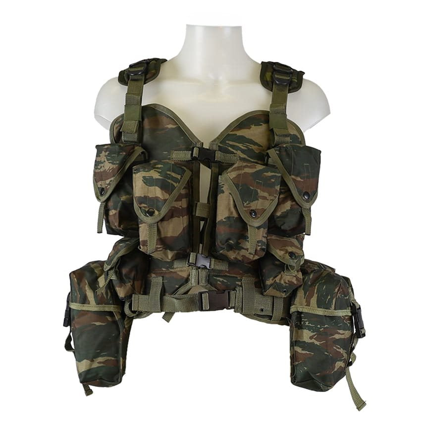 Chaleco chest rig griego LIZARD CAMO con funda para pala verde, ligeramente usado