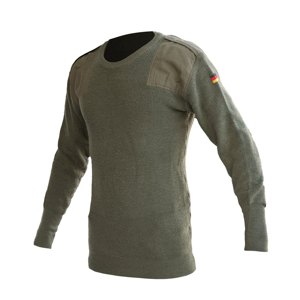Suéter BW militar verde usado sin bolsillo con refuerzos en hombros y antebrazos y hombreras con velcro