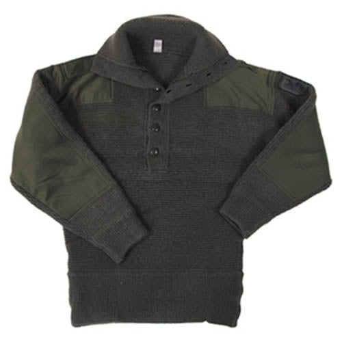 Jersey militar austriaco Alpin verde usado con botones, cuello alto, refuerzos en hombros y codos y panel VELCRO