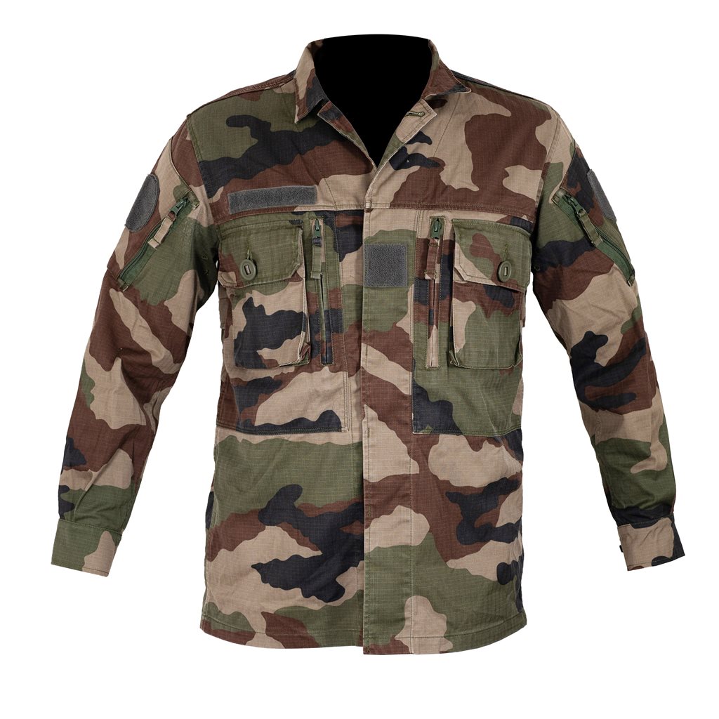 Chaqueta militar francesa Rip-stop CCE con bolsillos y paneles velcro para parches