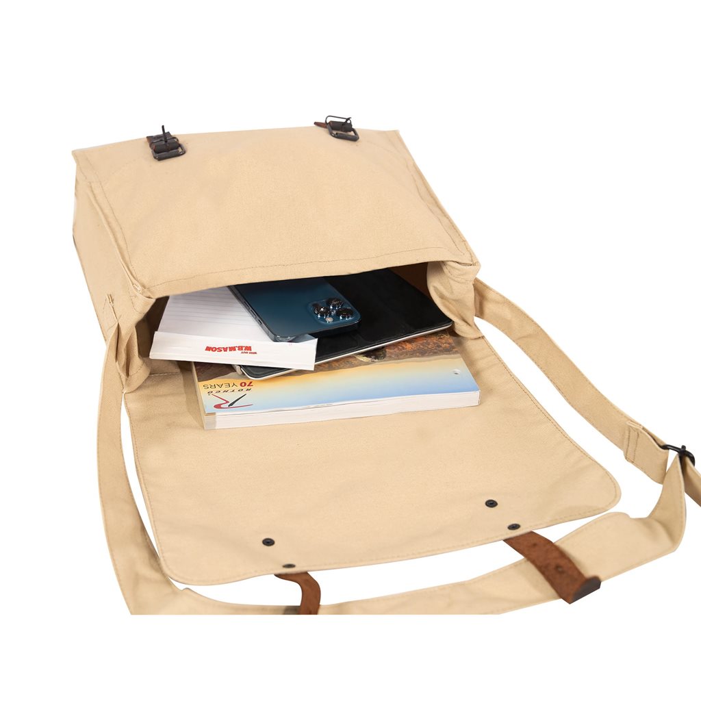 Bolso bandolera médico khaki de lona con tiras de cuero y hebilla, estilo vintage