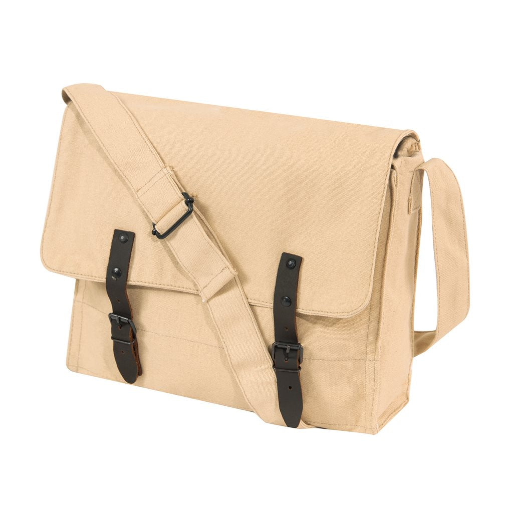 Bolsa bandolera de lona vintage kaki con tiras de cuero y hebilla 30x28x9 cm
