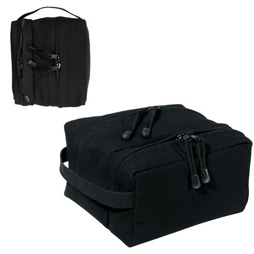 Bolsa de higiene de viaje negra con un bolsillo grande y uno pequeño con cremallera