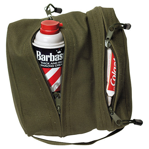 Bolsa de higiene de viaje negra con un bolsillo grande y uno pequeño con cremallera