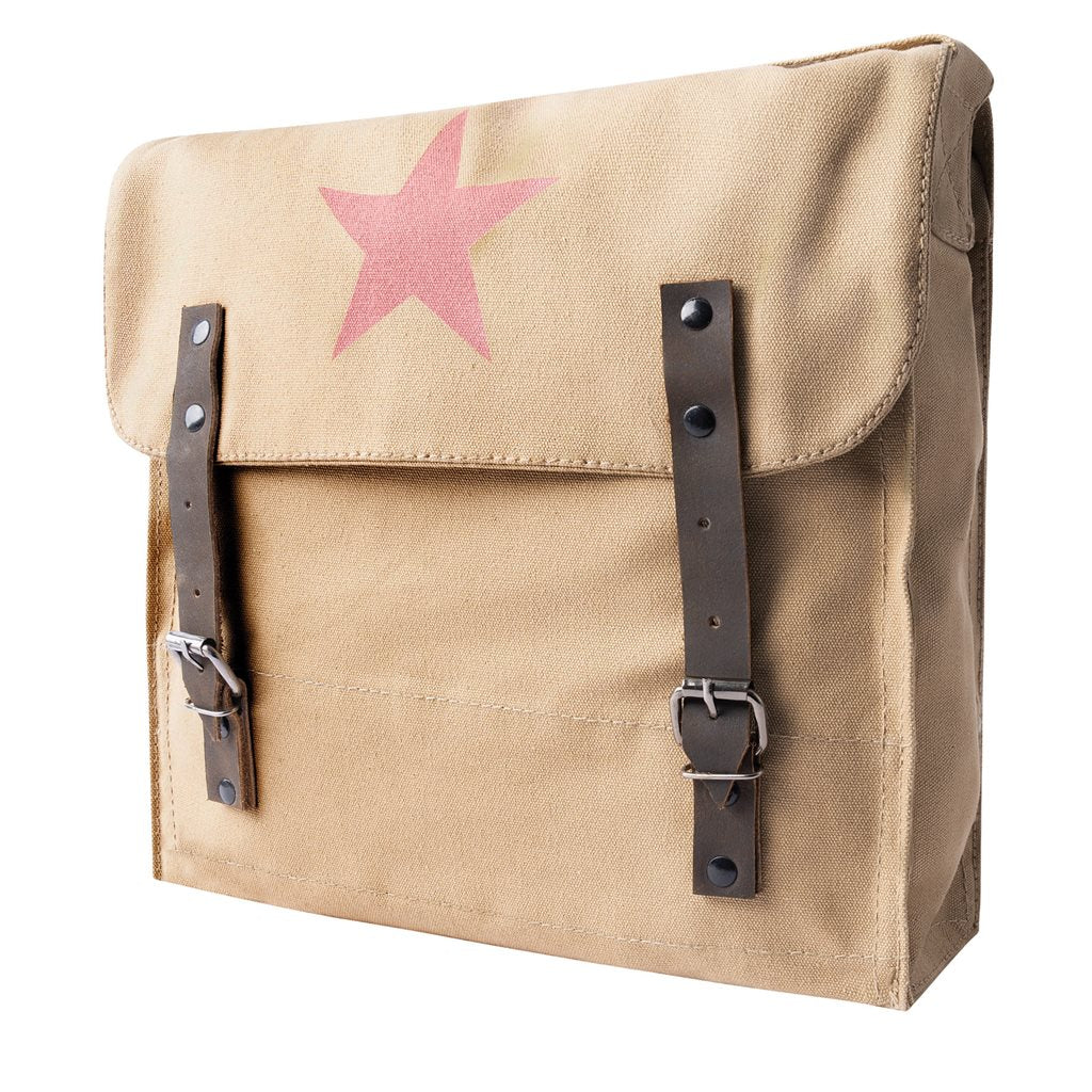 Bolso bandolera KHAKI STAR de lona vintage con tiras de cuero y hebilla, 30 x 28 x 9 cm