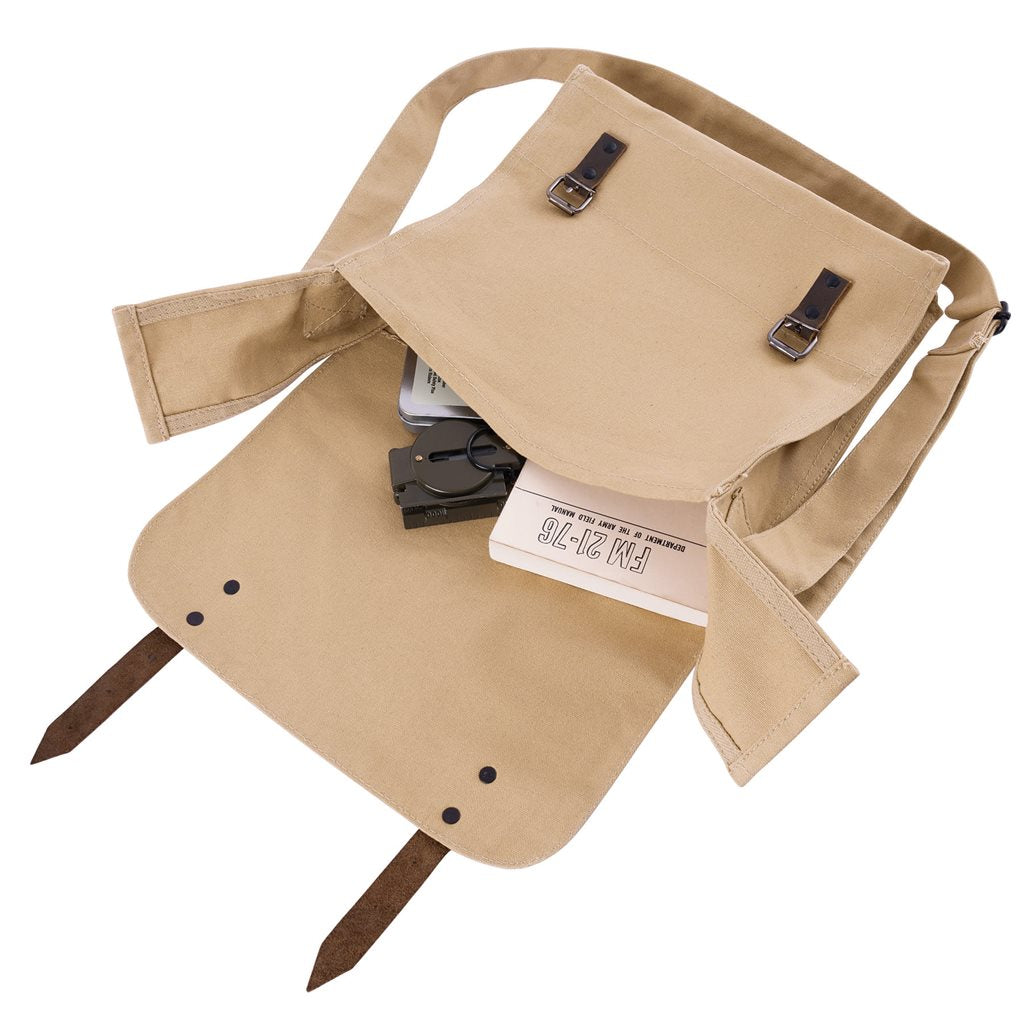 Bolso bandolera KHAKI STAR de lona vintage con tiras de cuero y hebilla, 30 x 28 x 9 cm