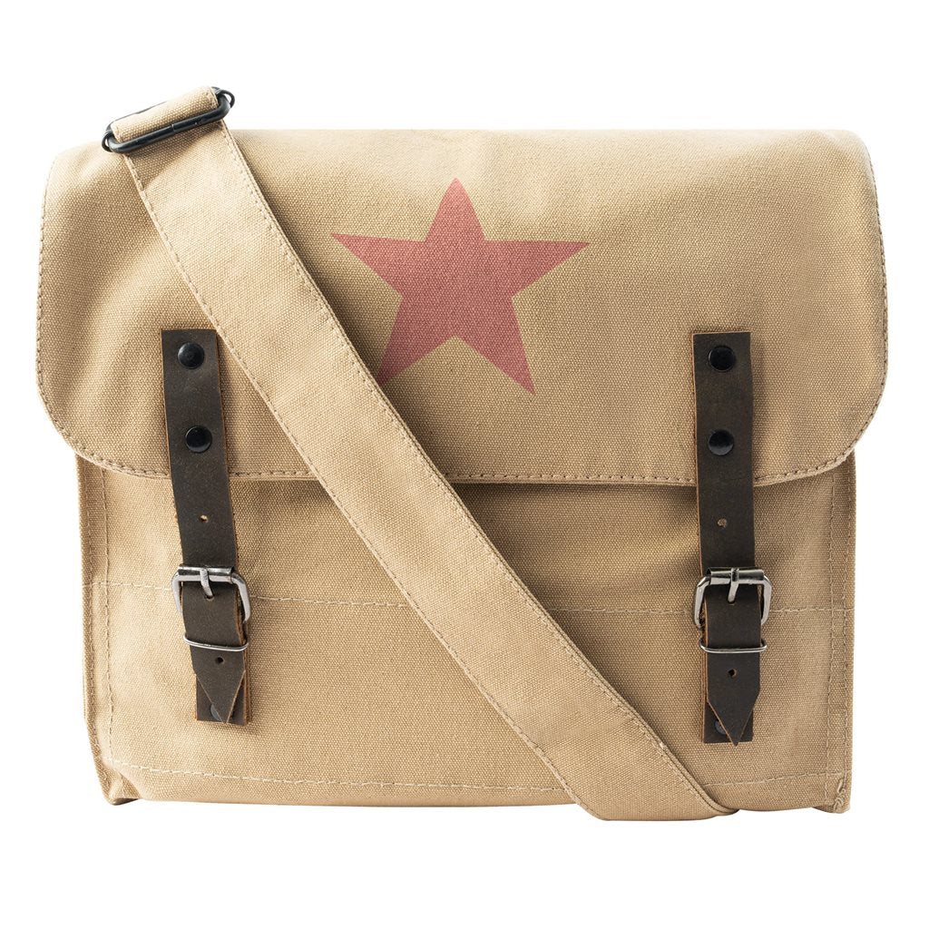 Bolso bandolera KHAKI STAR de lona vintage con tiras de cuero y hebilla, 30 x 28 x 9 cm