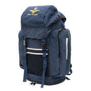 Mochila RAF británica mediana azul usada con tirantes ajustables y respaldo acolchado