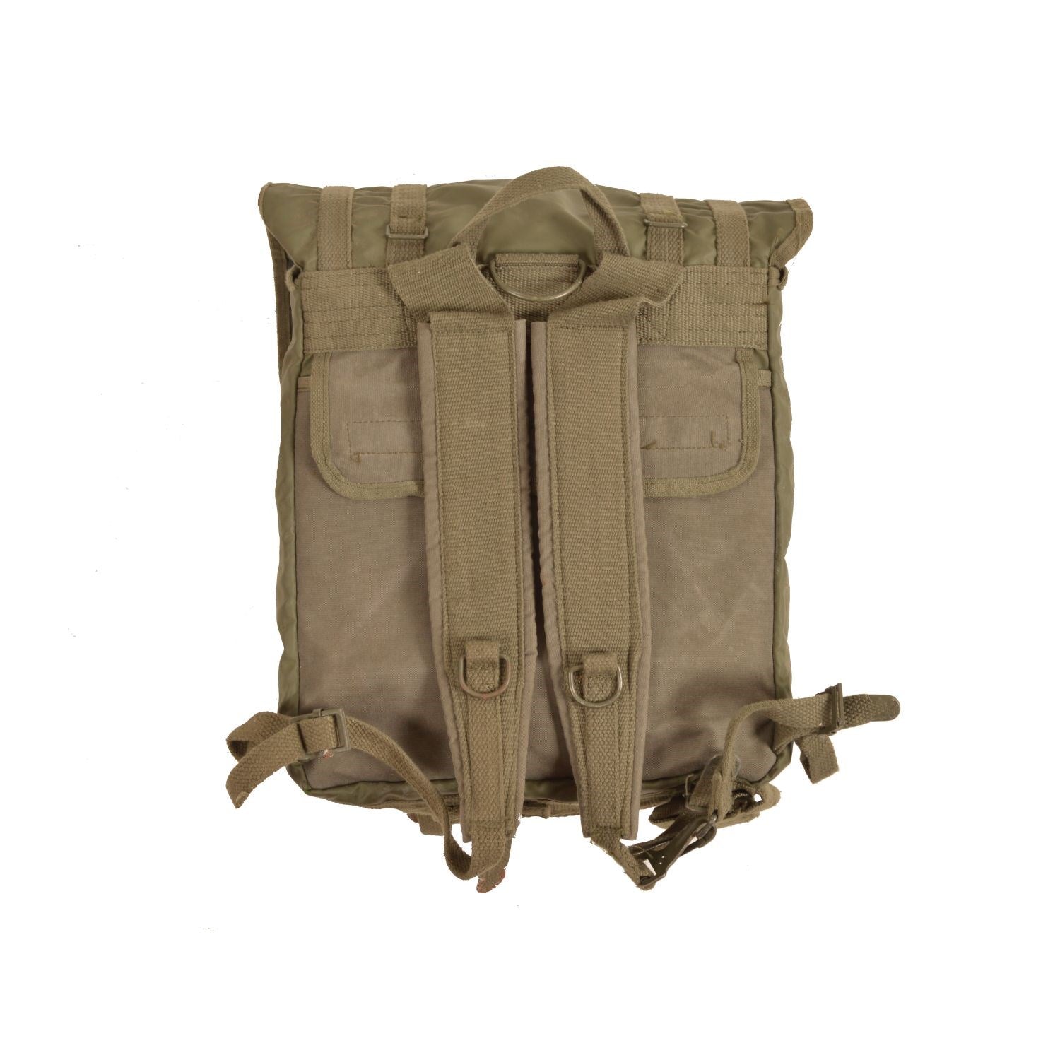 Mochila militar francesa F-1 pequeña verde usada con fondo y laterales en goma
