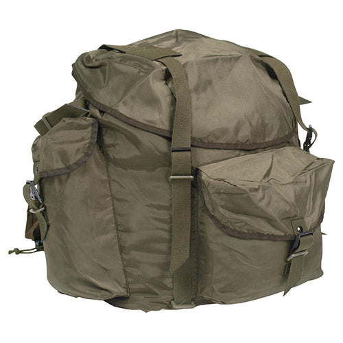 Mochila austríaca de nylon verde usada - hebillas metálicas y bolsillos laterales