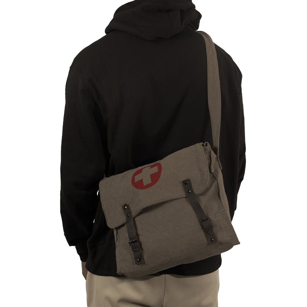 Bolso bandolera médico khaki de lona con tiras de cuero y hebilla, estilo vintage