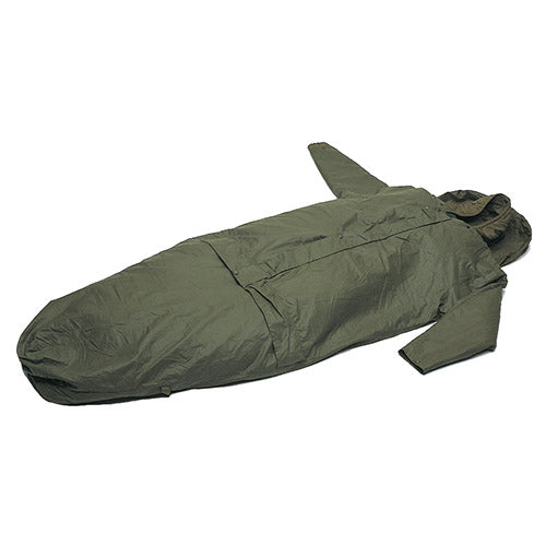 Saco de dormir BW verde usado, acolchado con capucha y cremallera central