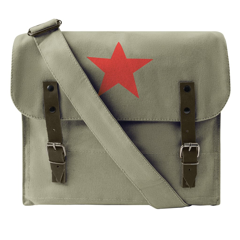 Bolso bandolera STAR vintage verde en lona con estrella y cierres de piel, 30x28x9 cm