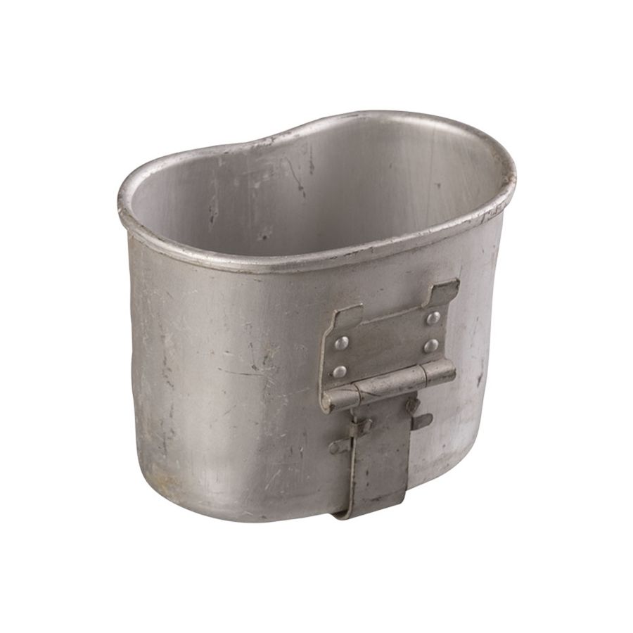 Taza militar belga usada de aluminio con asa abatible