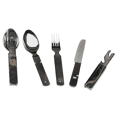 Cubertería plegable BW usada de acero inoxidable: cuchara, tenedor, cuchillo y abridor