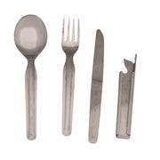 Cubiertos plegables NVA de acero 4 piezas tipo TOURIST, cuchara, tenedor, cuchillo y abrebotellas/abridor de latas usado