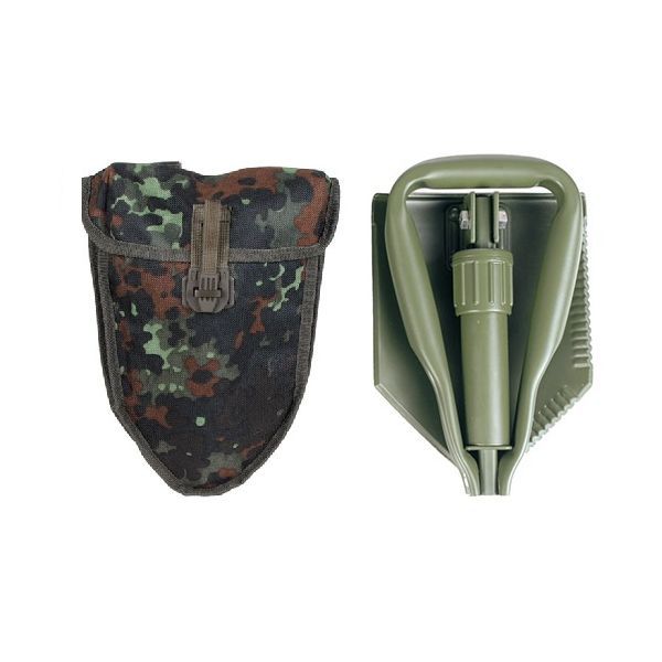 Pala plegable BW Flecktarn usada con funda - militar, acero y dural