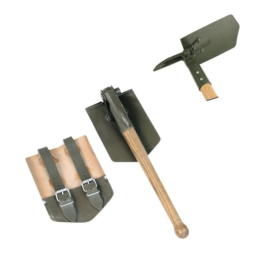 Pala plegable militar BW con mango de madera y funda de cuero para cinturón