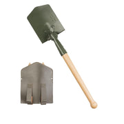 Pala plegable militar BW con mango de madera y funda de cuero para cinturón