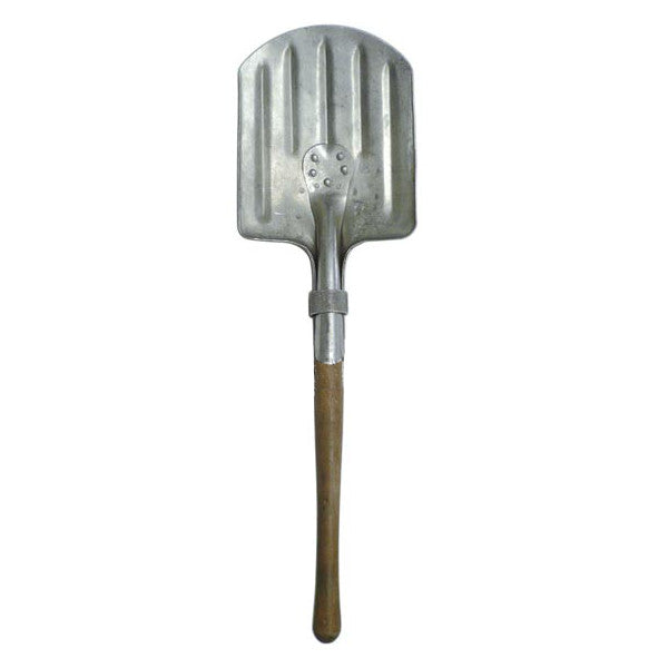 Pala de nieve plegable de aluminio con mango de madera, excedente del ejército sueco, estado excelente