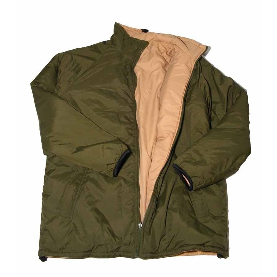 Chaqueta británica reversible térmica (verde/arena) usada, vista frontal con cremallera y bolsillos