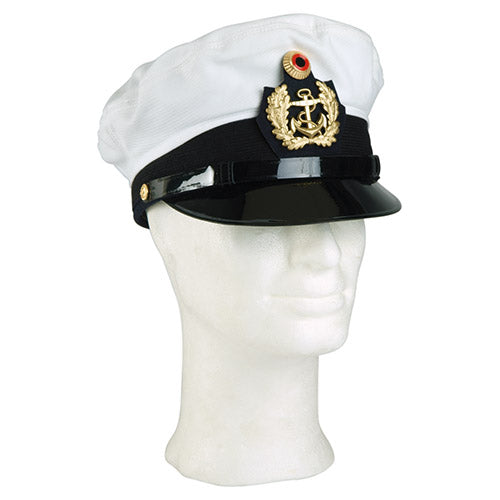 Gorra marinera BW blanca usada con emblema, vista frontal