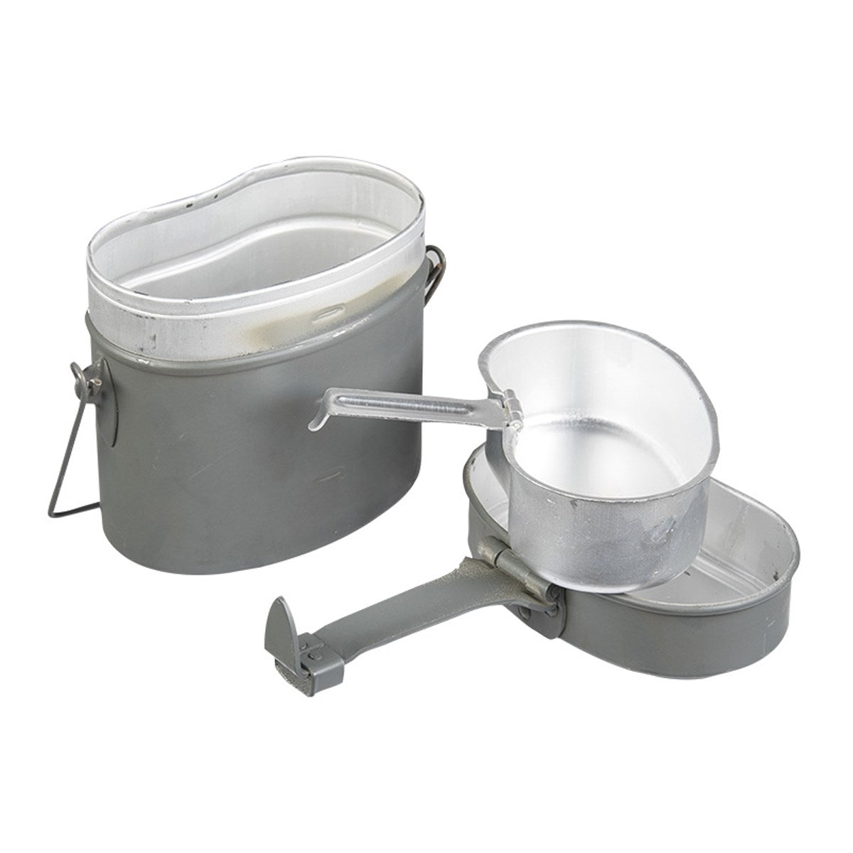 Juego de cocina de aluminio gris NVA con olla, cuenco y sartén con asa para colgar sobre el fuego