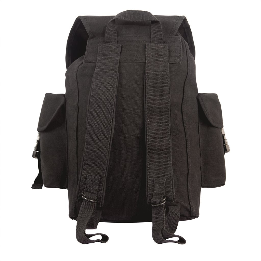 Mochila canvas OUTFITTER negra de lona con solapa, cierre de cordón y hebillas fastex, tres bolsillos exteriores