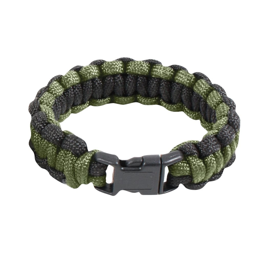 Pulsera Survival Paracord oliva-negra Rothco mostrando cierre fastex y cordón paracord de 3 m