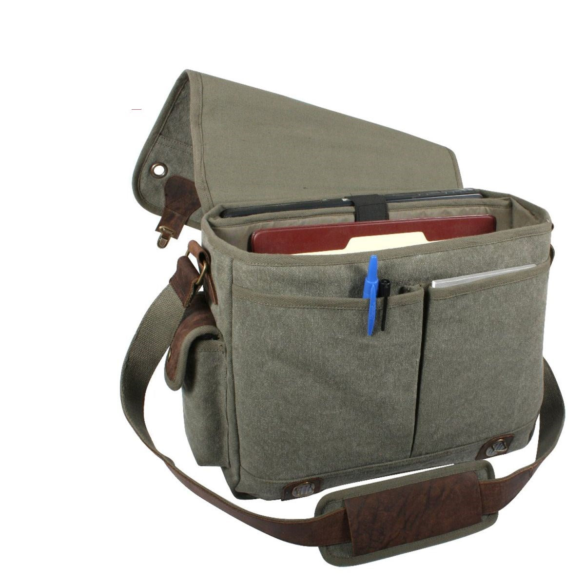 Bolso bandolera Vintage Trailblazer Rothco verde en algodón con detalles en cuero 38 x 28 x 13 cm