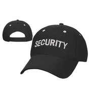 Gorra baseball negra con texto plateado 'SECURITY' bordado