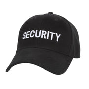 Gorra de béisbol negra con bordado blanco 'SECURITY' y cierre ajustable con hebilla metálica