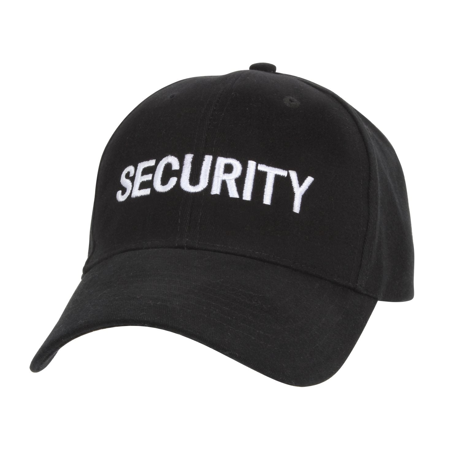 Gorra de béisbol negra con bordado blanco 'SECURITY' y cierre ajustable con hebilla metálica