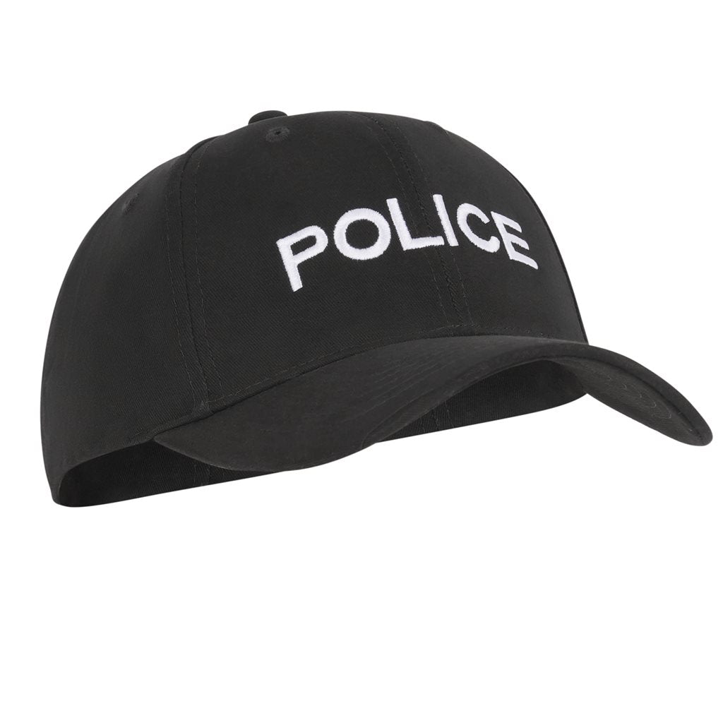 Gorra baseball negra con bordado POLICE, banda interior acolchada y ajuste mediante correa con hebilla metálica