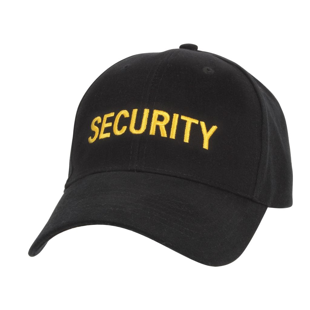 Gorra de béisbol negra con inscripción 'SECURITY' bordada en amarillo, cinta para el sudor acolchada