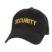 Gorra de béisbol negra con inscripción 'SECURITY' bordada en amarillo, cinta para el sudor acolchada