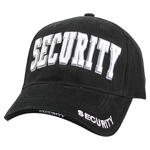 Gorra DELUXE SECURITY negra con texto blanco bordado