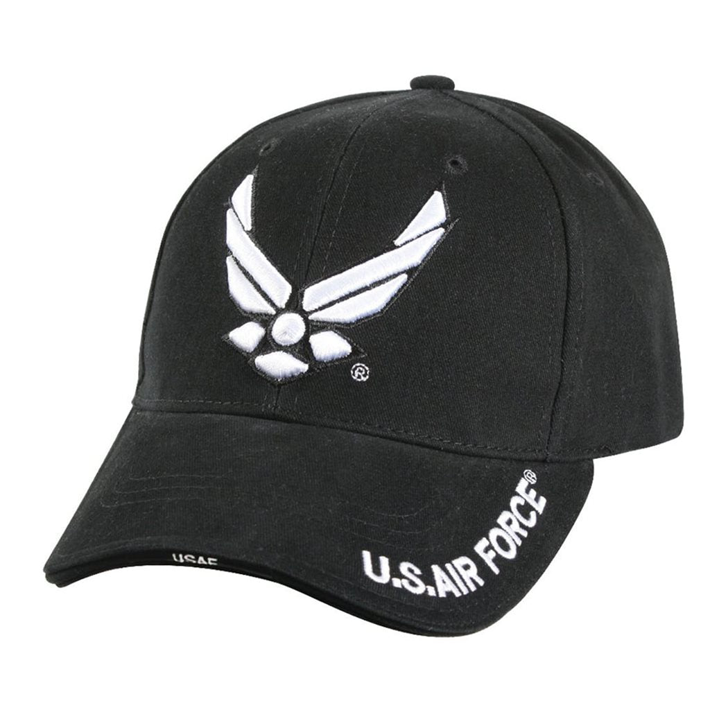 Gorra DELUXE NEW WING AIR FORCE negra, algodón peinado, visera estratificada y logo bordado.